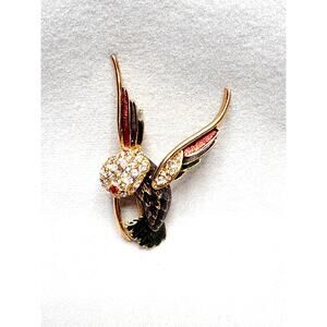 Vintage Hummingbird Brooch • Red & Black Enamel • Rhinestone Bird Pin
